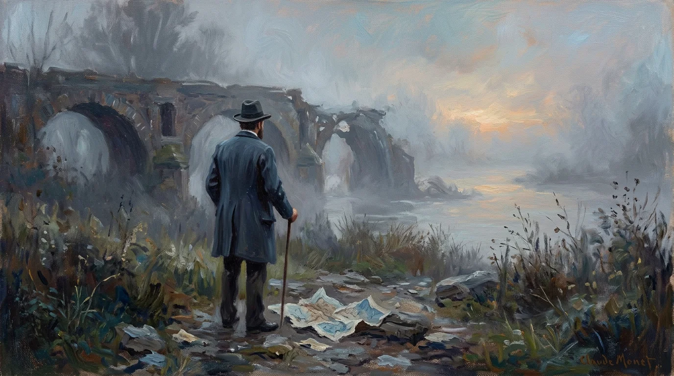 霧の中で崩れかけた橋の前に立ち止まる旅人。足元に散乱した地図、遠くにかすかな光