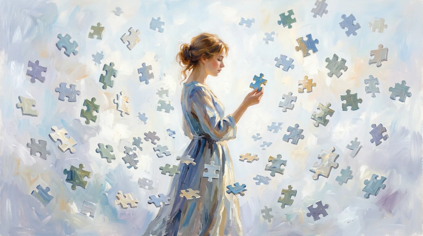 浮遊するパズルのピースの中で、一つを手に取り全体像を探す人物