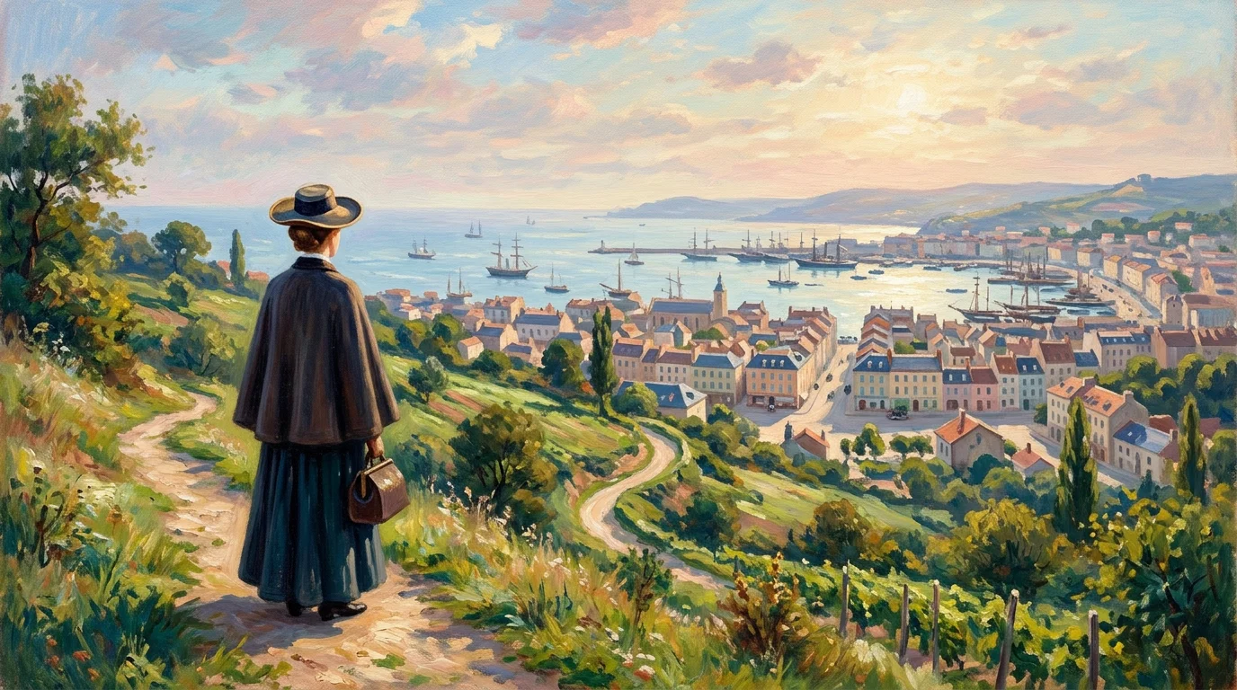 朝日に照らされた丘の上から整然と区画された港町を見渡す旅人