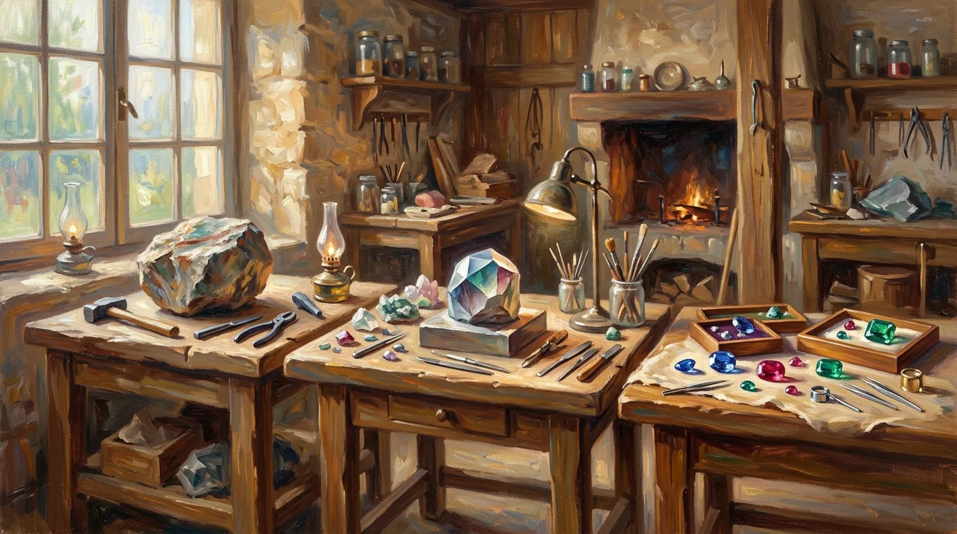 職人の工房で原石から宝石へと段階的に磨き上げる工程