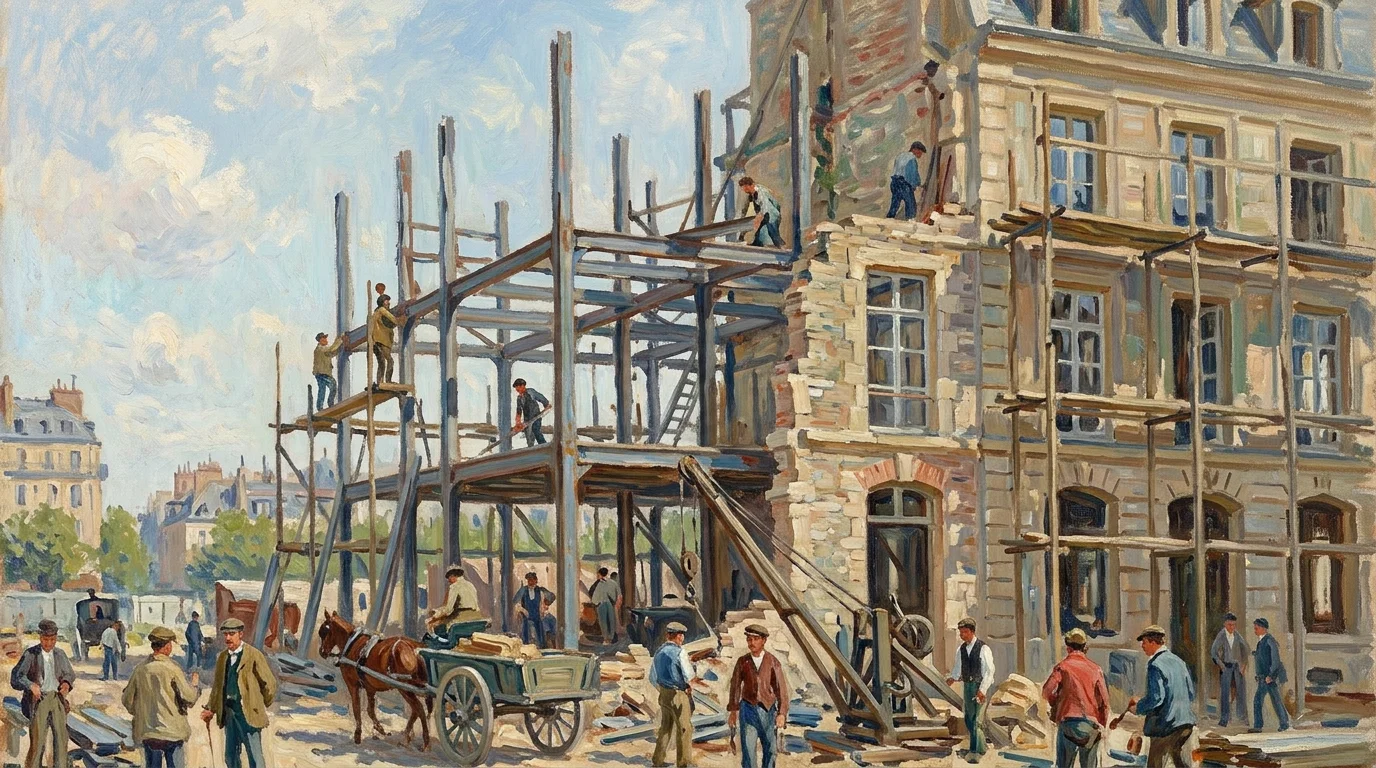 鉄骨フレームの骨組みから壁や窓が取り付けられ完成に近づく建物