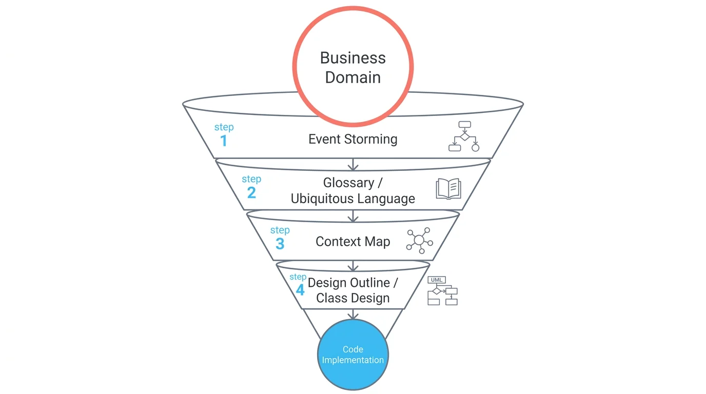 DDD artifacts hierarchy: progressively detailing from business domain to code implementation